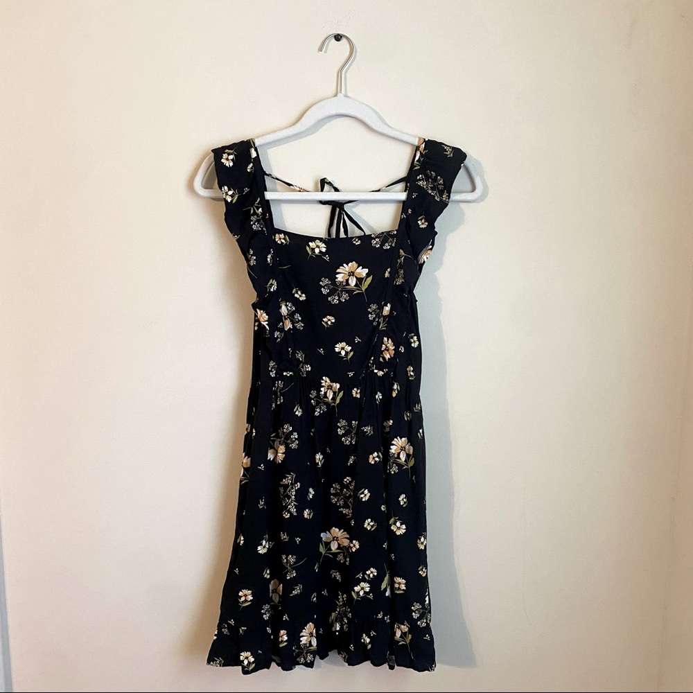 Black floral sundress smocked with ruffle straps